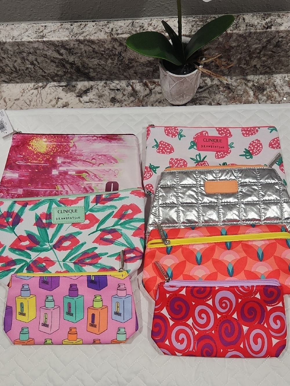 Clinique Cosmetic Pouch Set - Colorful Patterned Makeup Bags (Lot Of 7) NEW